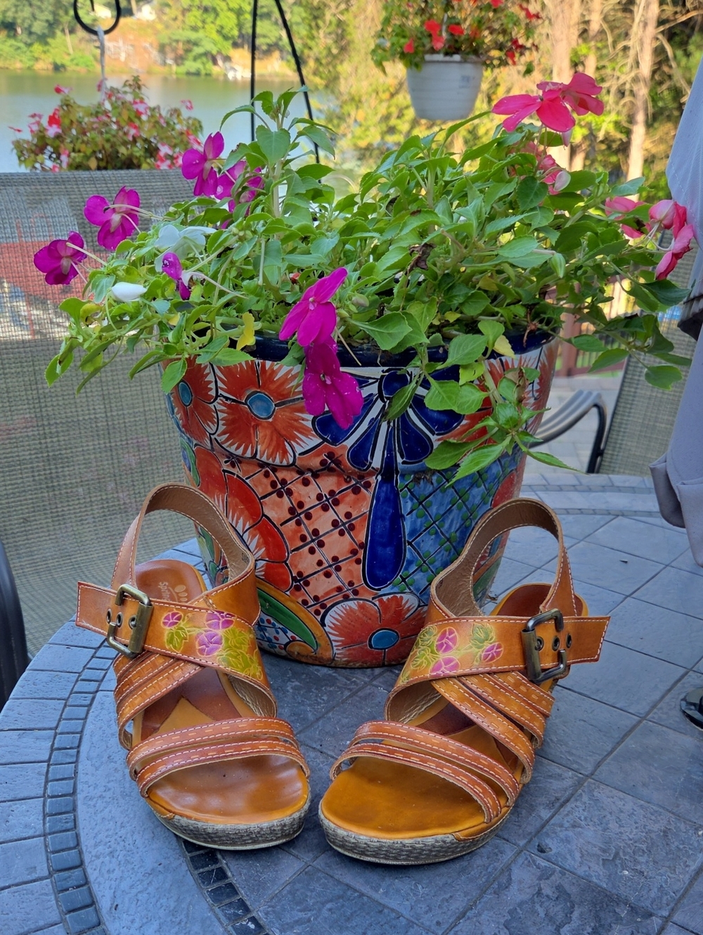 Spring Step Tan Leather Wedge Sandals with Pink Floral Accents